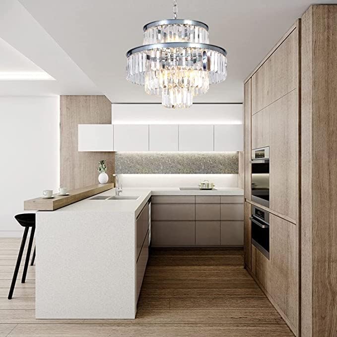 Modern Crystal Chandelier 20" Chrome Round Pendant Light, 4-Tier Luxury Ceiling Light Fixture with Clear Prisms for Dining Room Living Room Foyer