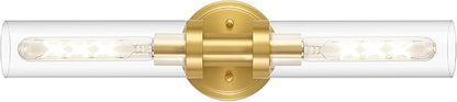 SANTOSTOCK Brushed Gold Bathroom Vanity Light Fixture, 2-Light Modern Wall Sconce Lighting W/Clear Glass, Brass Wall Mount Lamp for Mirror Hallway Kitchen Living Room, E26 T10 Bulbs(Excluded)