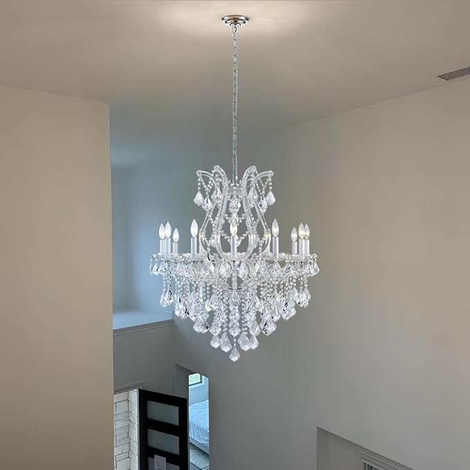 Large Silver Modern Crystal Chandelier Light Fixtures - 12 Lights Maria Theresa Crystal Pendant Light for Staircase Hallway Living Room Entryway Foyer - 28.4 x 28.4 x 35.8 Inch
