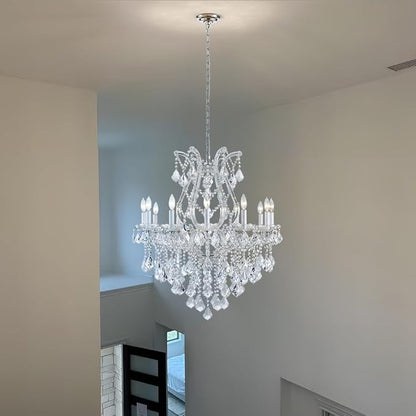 Large Silver Modern Crystal Chandelier Light Fixtures - 12 Lights Maria Theresa Crystal Pendant Light for Staircase Hallway Living Room Entryway Foyer - 28.4 x 28.4 x 35.8 Inch