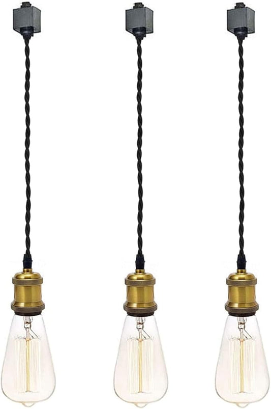 Kiven 3-Light H-Type Wire Track Light Pendants, 31.5 Inch Cord Length Black Weave Rope, Restaurant Chandelier Decorative Pendant Light Industrial Factory Pendant Lamp 3 Pack,Bulb Not Included（Gold）