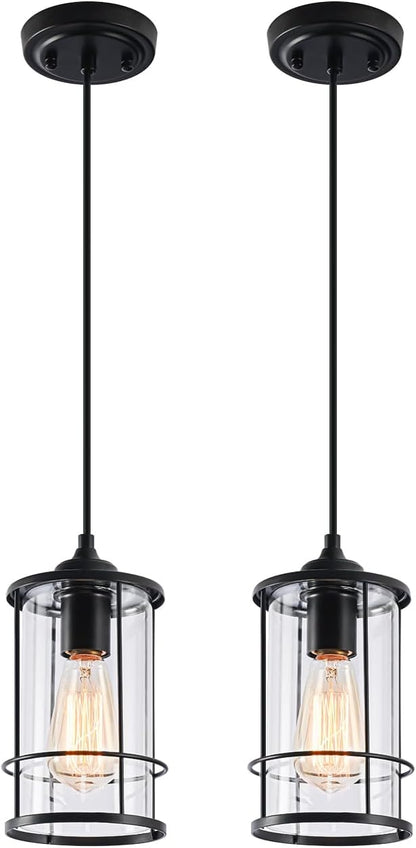 AKEZON Pendant Lights, Black Hanging Light Fixtures Kitchen Island 2 Pack with Clear Glass, Modern Industrial Cage Pendant Lighting for Kitchen Dining Room Entryway Bathroom