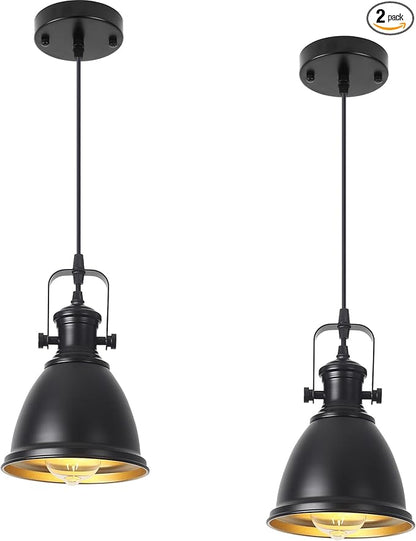 Black Pendant Light 2 Pack, Farmhouse Pendant Light, 6.5 inches Kitchen Island Lighting, Industrial Pendant Light Fixtures, Black Pendant Lights Kitchen Island Dining Room Bedroom
