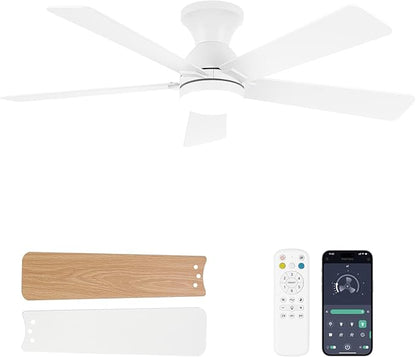 Ceiling Fans with Lights and Remote, 48 Inch Ceiling Fan with Light, Low Profile, Reversible, Dimmable LED, Flush Mount, Quiet, DC Motor, White Ceiling Fan for Bedroom, Kitchen, Dining Room