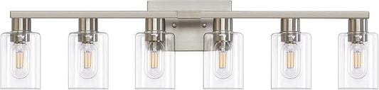 6-Light Bathroom Vanity Light, Brushed Nickel Vanity Lights for Bathroom, Bathroom Lights Fixtures Over Mirror, Large Vanity Light Over Mirror Modern Wall Sconce with Clear Glass Shade