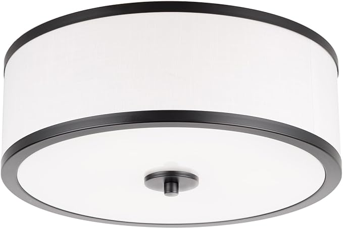 EdwarmLux 3-Light Flush Mount Ceiling Light Fixture, 12.6 " Drum Light with White Fabric Shade, Modern Close to Ceiling Light for Living Room Bedroom Dining Room Kitchen Hallway Entry (Matt Black)