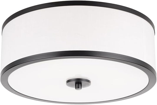 EdwarmLux 3-Light Flush Mount Ceiling Light Fixture, 12.6 " Drum Light with White Fabric Shade, Modern Close to Ceiling Light for Living Room Bedroom Dining Room Kitchen Hallway Entry (Matt Black)