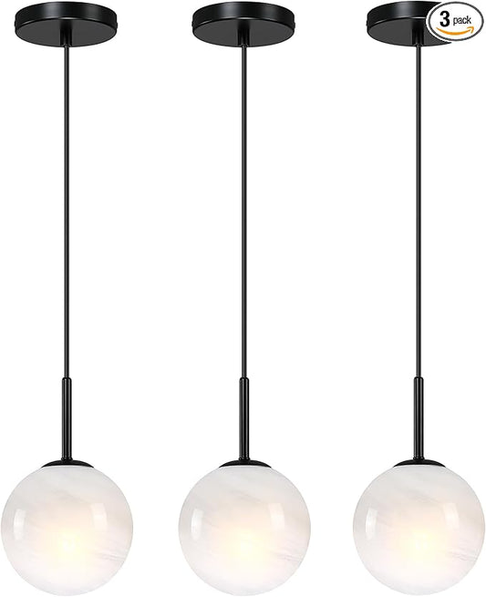 3-Pack Milky Globe Pendant Light Handcrafted Marble Glass Shade Chandelier Mid Century Single Pendant Light Kitchen Island Dining Room Lighting Fixtures Ceiling Hanging