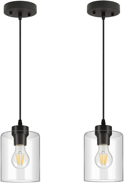 BoostArea Modern Pendant Light Fixtures, Industrial Hanging Ceiling Lamp with Clear Glass Shade, Farmhouse Black Pendant Lighting for Kitchen Island Decor Living Room Hallway Bedroom Dining（2 Pack）
