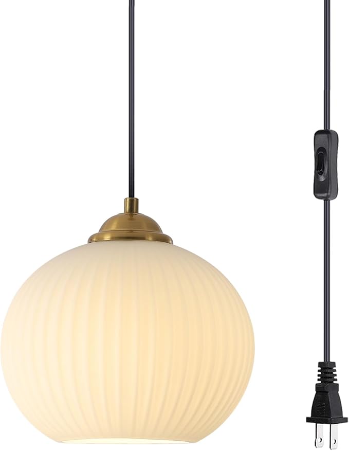 White Globe Pendant Light Plug in Hanging Light Fixtures Vintage Milk Glass Plug in Pendant Light Mid Century Foyer Light Fixtures Ceiling Hanging
