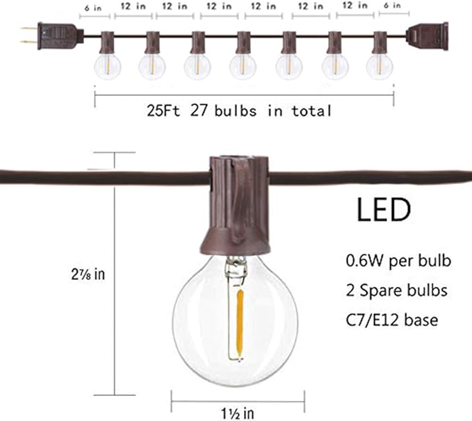GOOTHY 25Ft Outdoor LED String Lights with 25 Shatterproof G40 LED Clear Globe Bulbs, Edison Vintage Bulbs Hanging Sockets, Decorative Lighting for Café Patio Porch Party Yard Christmas-Brown Wire