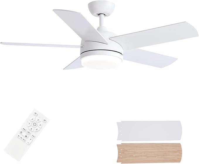 YUHAO 44 Inch White Ceiling Fan with Light and Remote Control.Noiseless,Dimmable,3CCT,6 Speeds Reversible, DC Ceiling Fans for Indoor or Covered Outdoor Use.ETL Listed