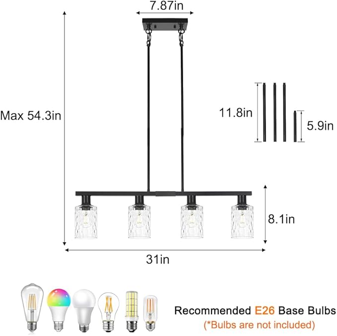 4-Light Kitchen Island Lighting Black Dining Room Light Fixture with Hammered Glass Shade 31" Modern Linear Chandelier Adjustable Hanging Pendant Lighting Over Island Dining Table Living Room