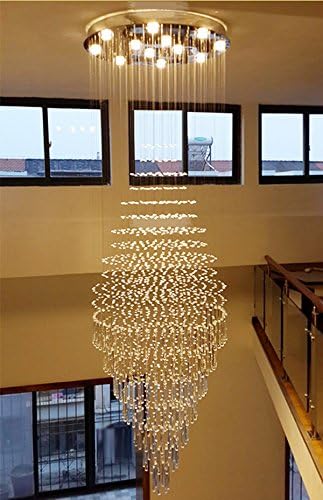 7PM W20 X H47 Modern Foyer Crystal Chandelier, 6-Lights Round LED Modern Raindrop Crystal Chandeliers Pendant Light for Hall Way Hotel Staircase Flush Mount Lighting Fixture