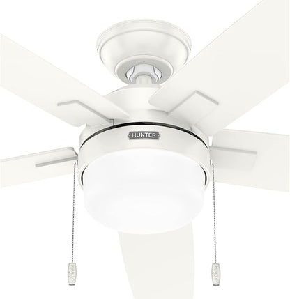 Hunter 52 inch Indoor Ceiling Fan with LED Light - White Ceiling Fan with Pull Chain, for Bedroom or Living Room, Standard Mount, No Remote, 5 Blades, Includes Bulbs - Anisten 52487, Fresh White