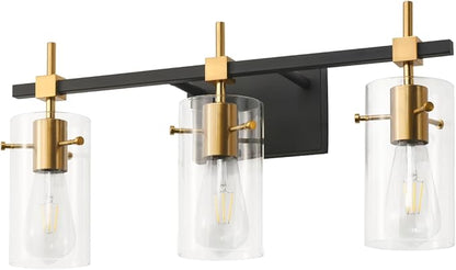 SOLFART Vintage Vanity Lights Bathroom Light Fixture Over Mirror for Bath Glass Shade Light Black and Brass Modern Style 3 Lights