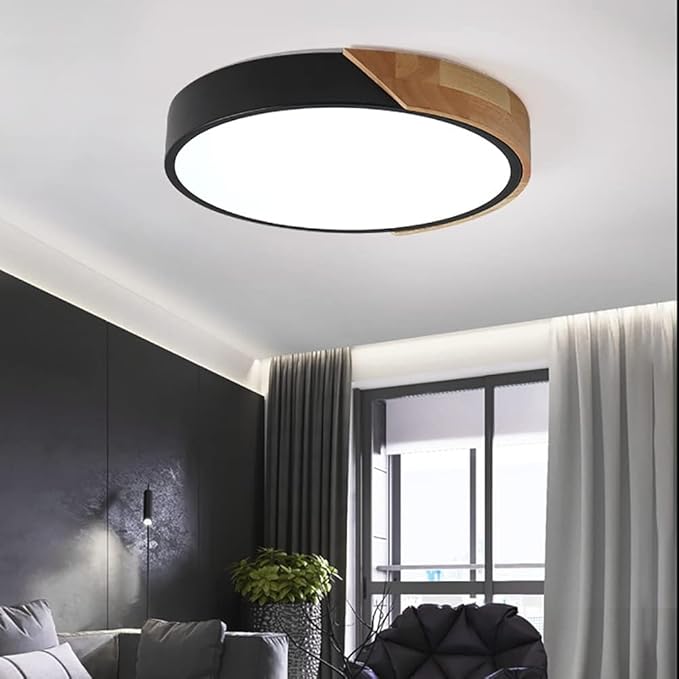 Dimmable LED Flush Mount Ceiling Light Fixture with Wood,24W 16Inch Modern Close to Ceiling Lamp for Bedroom Kitchen,3000K-6000K Light Color Adjustable Recessed Indoor Lighting Black Pendant Light