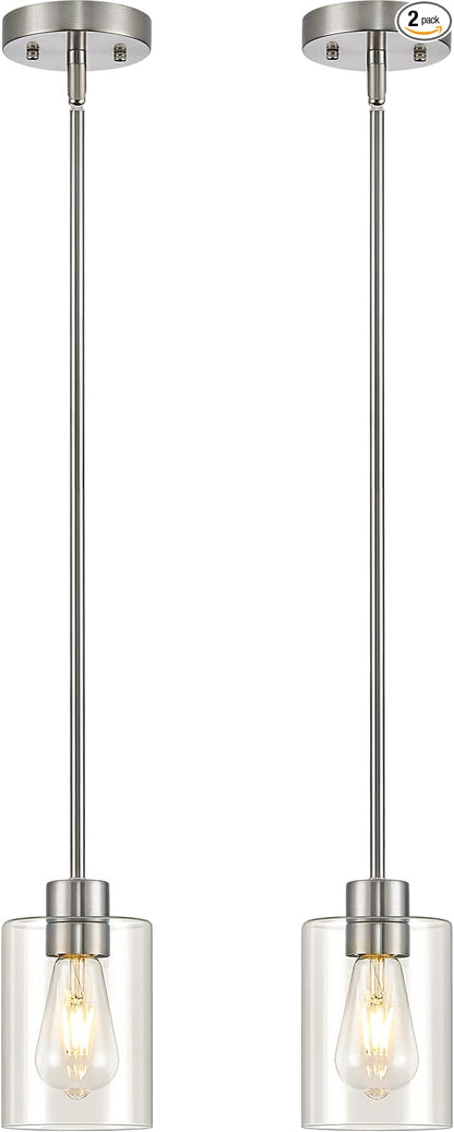 Modern Farmhouse Brushed Nickel Pendant Lights, Mini Hanging Light Fixture with Clear Glass Shade, Adjustable Rods for Kitchen Island, Sink, Bar (2 Pack)