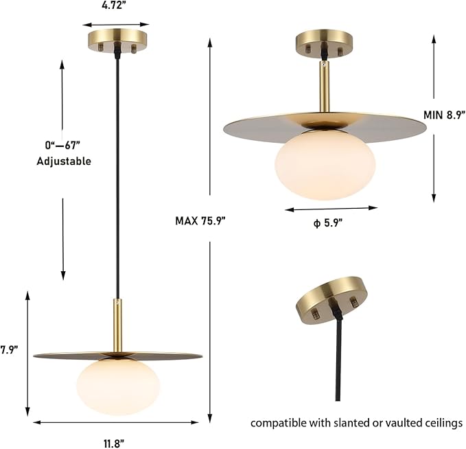 BYOLIIMA Modern Globe Pendant Lighting Milky White Glass Shade Brass Gold Farmhouse Pendant Light 11.81" Dome Industrial Mid Century Hanging Ceiling Light Fixture Kitchen Island Dinning Room Bedroom