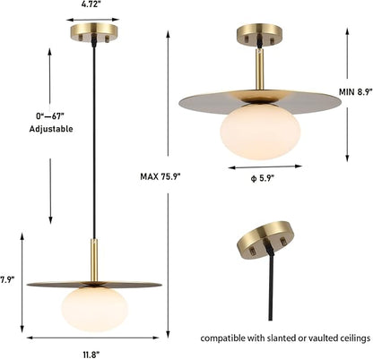 BYOLIIMA Modern Globe Pendant Lighting Milky White Glass Shade Brass Gold Farmhouse Pendant Light 11.81" Dome Industrial Mid Century Hanging Ceiling Light Fixture Kitchen Island Dinning Room Bedroom