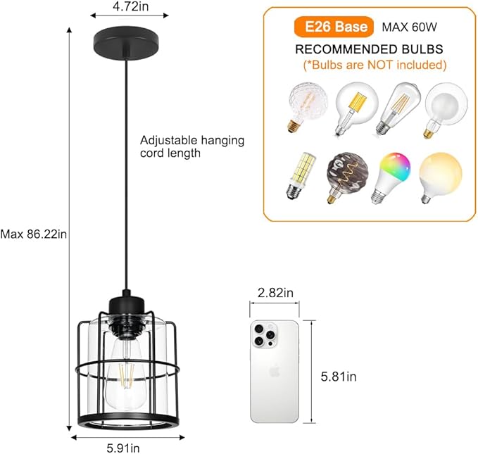 Industrial Black Pendant Lights Kitchen Island, Glass Island Pendant Lights Set of 2, Small Ceiling Kitchen Island Lights with Adjustable Cord, Farmhouse Hanging Light for Hallway Bathroom