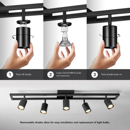 Globe Electric 5-Light Track Lighting, Adjustable Heads, Matte Black 36-Inch Dimmable Track Bar for Modern Kitchen, Living Room & Ceiling Lighting