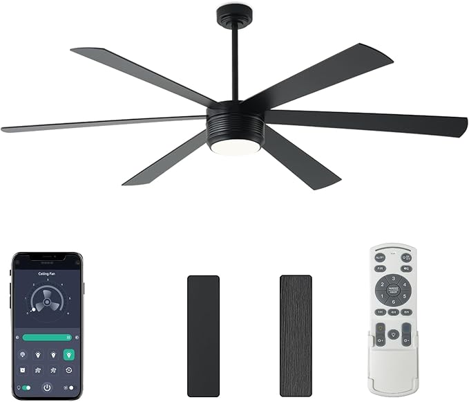 SHOWDI Ceiling Fan with Lights and Remote, 6 Blade App Control Timer Reversible Stepless Brightness and Color Temperature Outdoor Wood Ceiling Fan with Lights (Black, 72 Inch)