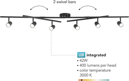 Globe Electric 59471 6-Light Foldable LED Integrated Track Lighting, Matte Black, Center Swivel Bars, 2400 Lumen