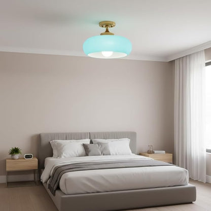 Mid Century Modern Flush Mount Ceiling Light Vinatage 11.02" Blue Glass Shade Brass Finish Ceiling Light Fixture Closet Overhead Light for Bathroom Kitchen Passway