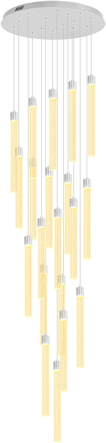 138'' Long Crystal Column Chandelier Extra Large Staircase High Ceiling Chandelier Silver 20-Lights Dimmable Led Pendant Lighting Foyer Entryway Light Source is Replaceable