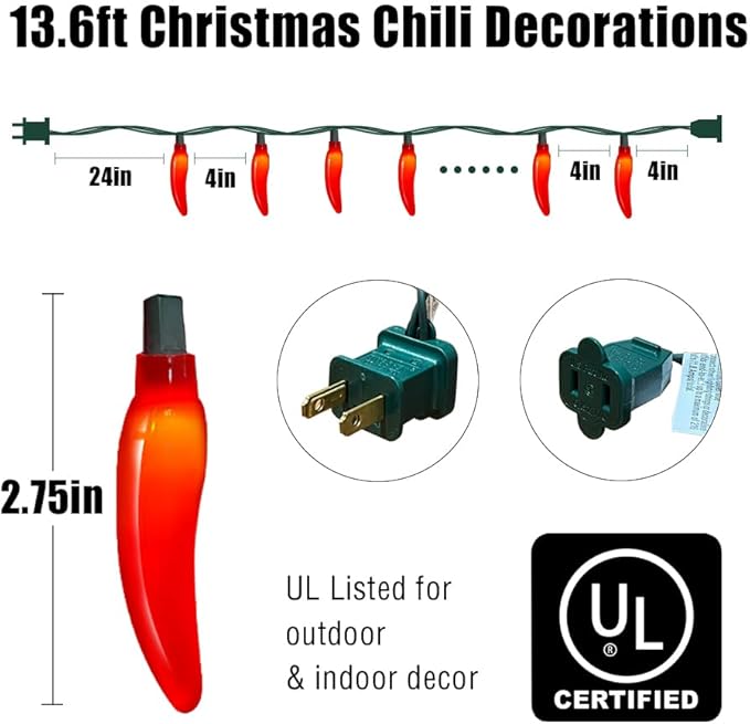 Chili Pepper String Lights,13.6FT Outdoor Indoor Waterproof Decorative Lights with 35 Red LED Chili Peppers for Christmas, Garden, Patio, Party, Carnival Decorations - Green Wire