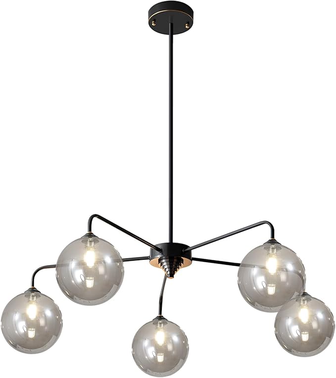 Mid Century Modern Chandelier Smoky Gray Clear Glass Globe Ceiling Light Fixture 5 Light Black Sputnik Chandelier for Kitchen Dining Room Bedroom