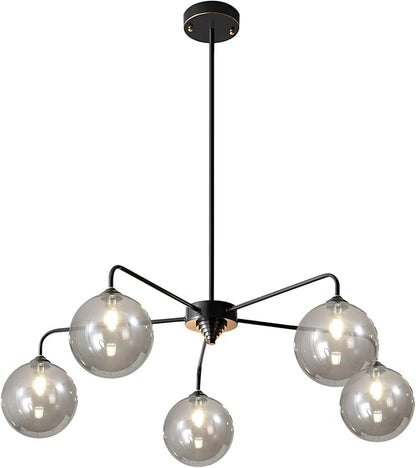 Mid Century Modern Chandelier Smoky Gray Clear Glass Globe Ceiling Light Fixture 5 Light Black Sputnik Chandelier for Kitchen Dining Room Bedroom