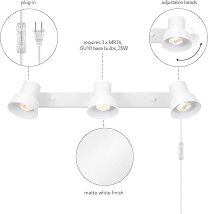 Globe Electric 64000116 22" 3-Light Plug-in Track Lighting, Matte White, Pivoting Heads, 15-Foot Cord, in-Line on/Off Rocker Switch, Modern Ceiling Light Fixture for Apartment or Renters