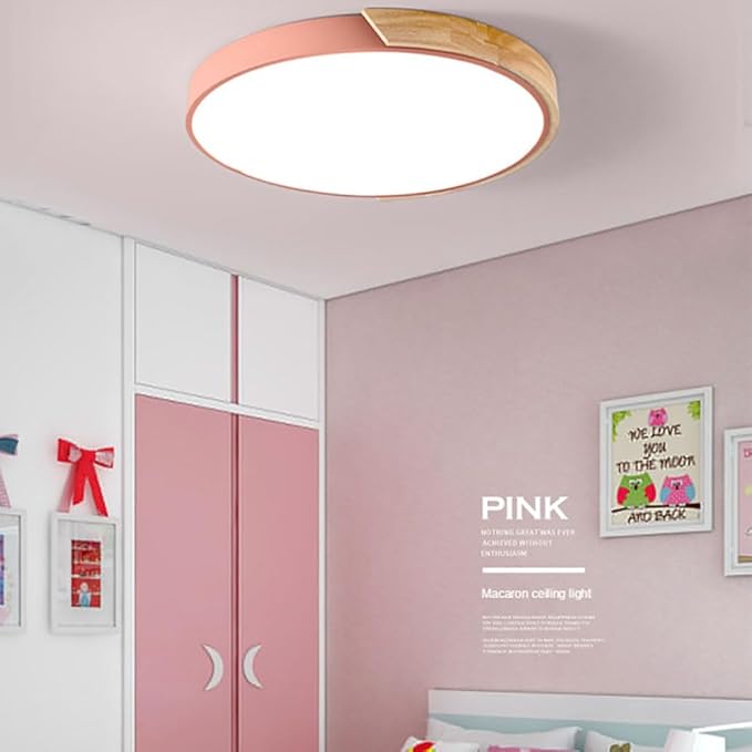 LED Ceiling Light Fixture,10 Inch Modern Wood Recessed Ceiling Lights, Dimmable Light,Pink 12W Close to Ceiling Lighting Flush Mount Living Room Bedroom,3000K-6000K