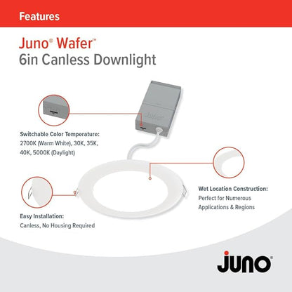 Juno LED Recessed Lights 6 Inch Round Wafer Downlight, 5-in-1 Switchable White Color Temperature, 120 Volts, 6-Inch Ultra-Thin Flat Trim, Matte White, 4-Pack (WF6 SWW5 90CRI MW CP4 M2)