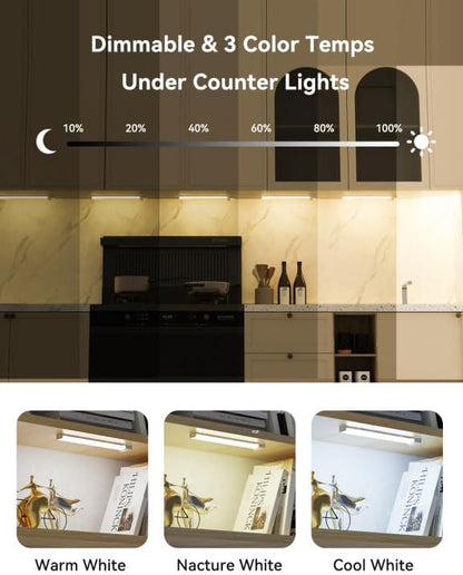 Rechargeable Under Cabinet Lighting 12 Inch 6-Pack, Motion Sensor Light Indoor 3 Color Temps, Dimmable Battery Operated Closet Lights, Wireless Under Counter Lights for Kitchen, Stairs