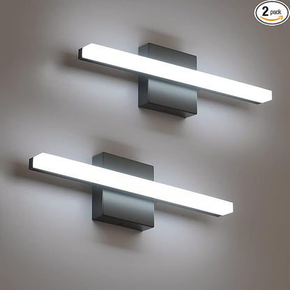 Combuh 2 PackLED Bathroom Vanity Light Bar 16 Inch 9W Black IP44 Over Mirror Lighting Fixture Wall Sconces Indoor Modern Cool White 6000K