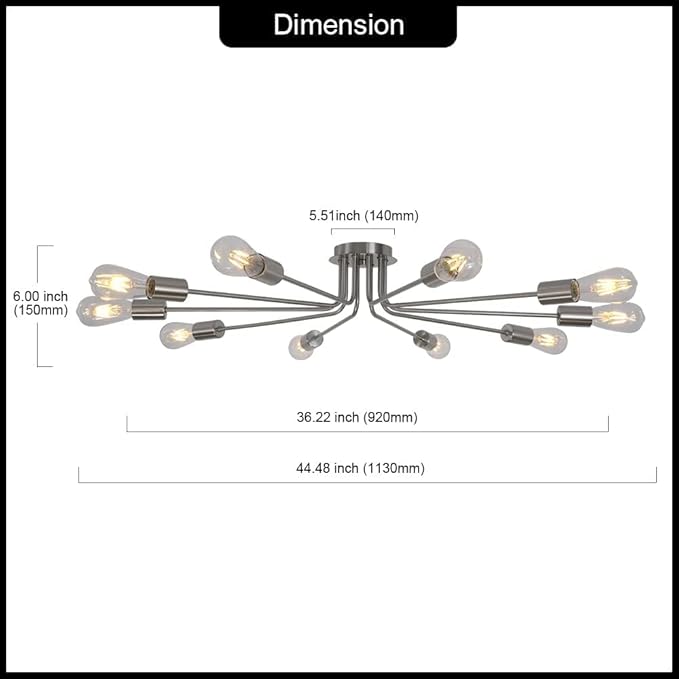 10 Lights Sputnik Ceiling Light Fixture Brushed Nickel Semi Flush Mount Light Ceiling Lamp for Living Room Foyer Dining Room Kitchen Hallway Cafe