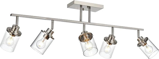 Yaohong 5-Light Brushed Nickel Track Lighting Fixture for Ceiling Mounting Bathroom Vanity Wall Scones with Rotatable Spotlight, Kitchen Track Lighting Fixture with Glass Shade for a Shop Hallway