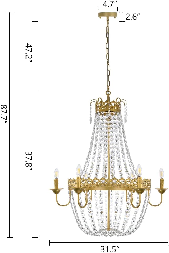 Wellmet French Empire Crystal Chandelier Modern Adjustable Hanging Pendant Ceiling Mount Light Fixture for Hallway Dining Living Room Bedroom Foyer, H 38.2" x W 31.5", Gold, 6-Light, E12 Base