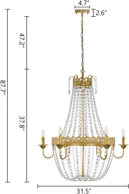 Wellmet French Empire Crystal Chandelier Modern Adjustable Hanging Pendant Ceiling Mount Light Fixture for Hallway Dining Living Room Bedroom Foyer, H 38.2" x W 31.5", Gold, 6-Light, E12 Base
