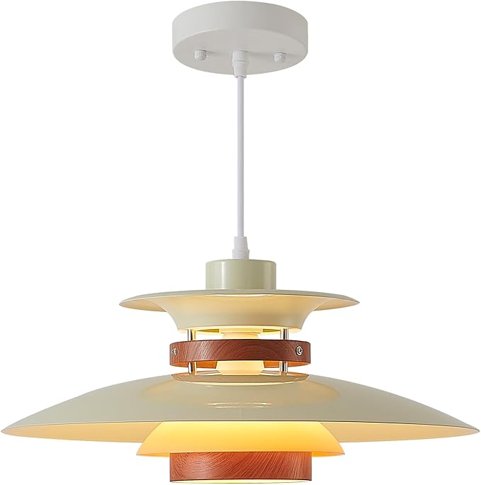 EFINEHOME Modern Decor Adjustable Pendant Lamp Kitchen Island, Aluminum and Wood Finish,1-Light E26 Base Ceiling Hanging Light for Dining Room Shop Restaurant (Beige+Dark Wood Grain, 35cm)