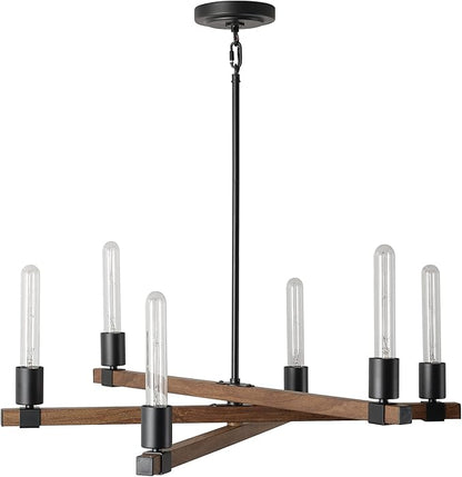 GLOBE Electric 60546 Walken 6-Light Chandelier, Matte Black, Faux Wood Accents, Bulb Not Included