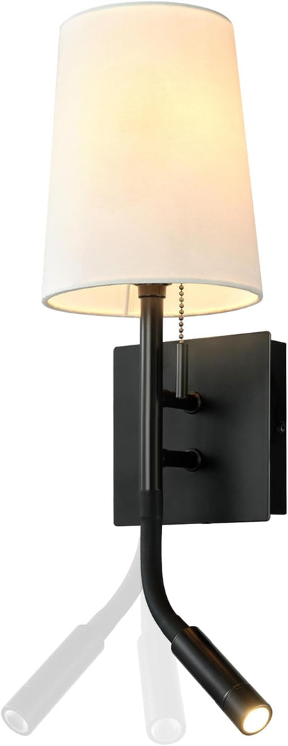 Globe Electric 1-Light Plug-in or Hardwired Wall Sconce with LED Integrated Reading Light, USB-A Port, USB-C Port, Matte Black, White Fabric Shade, On-Off Pull Chain and Rocker Switch