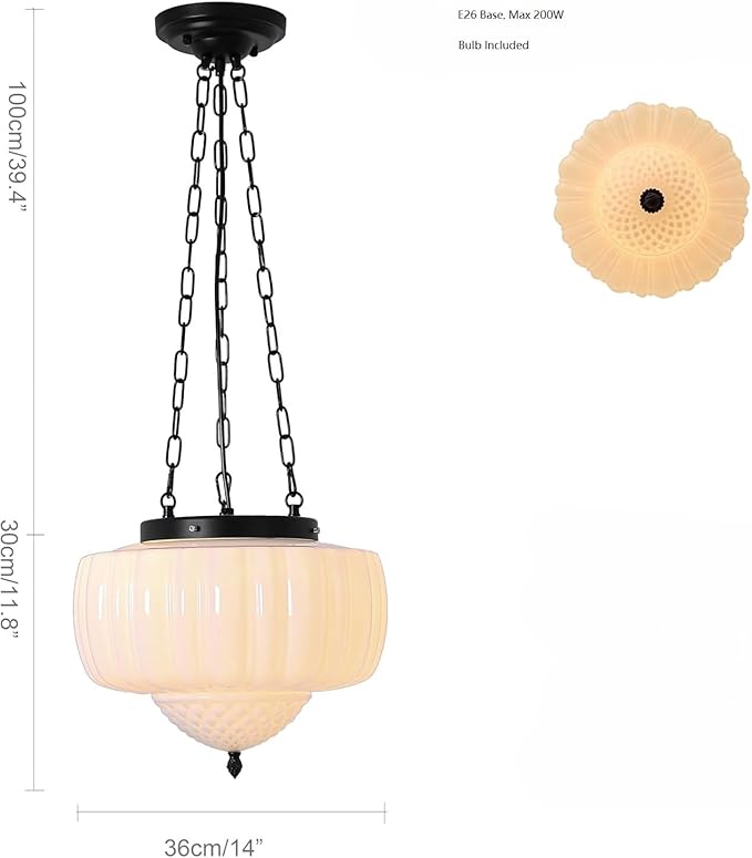 FCTWAKS Large Milk Glass Pendant Light, 14" Mid Century Modern Schoolhouse Ceiling Light Fixture, Vintage Chandelier for Bedroom, Dining Room, Hallway, Kitchen Island, Bulb Included, White