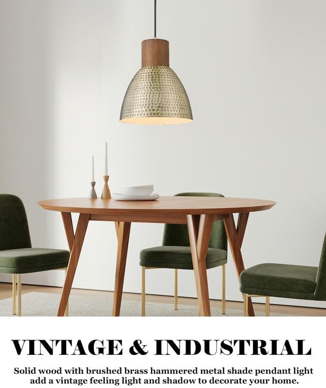 ELYONA 2 Pack Hammered Pendant Light Fixtures, 10.2" Vintage Metal Solid Wood Hanging Bar Lamp, Mid Century Antique Gold Pendant Lights for Kitchen Island, Farmhouse, Dining Room, Brushed Brass