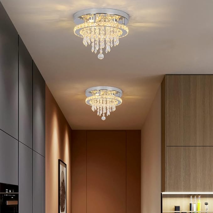 Deckrico Modern K9 Crystal Chandelier 3 LED Lights Stainless Steel Pendant Lamp Flush Mount Light Fixtures for Dining Room Bathroom Bedroom Living Room (Warm White)