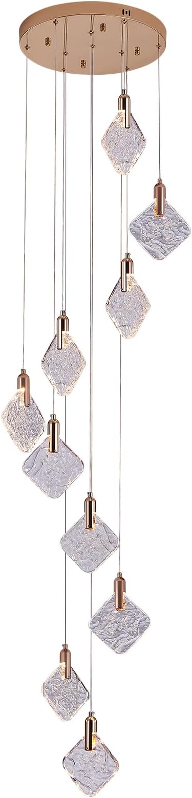 Staircase Crystal Chandelier 10-Light Pendant Light, Modern Square LED H118 High Hanging Ceiling Fixture with Gold Base for Living Room, Dining Room, Kitchen, and Hallway