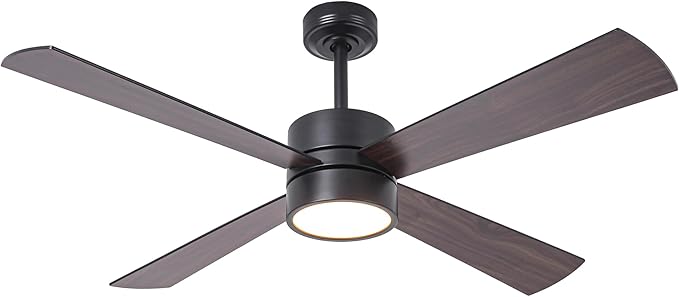 52-Inch DC Motor Ceiling Fan with LED Light, 4 Reversible Blades, Remote & APP Control, Black & Walnut Finish, Dimmable 3-Color Lighting, Energy Efficient Indoor Ceiling Fan with Timer & Memory